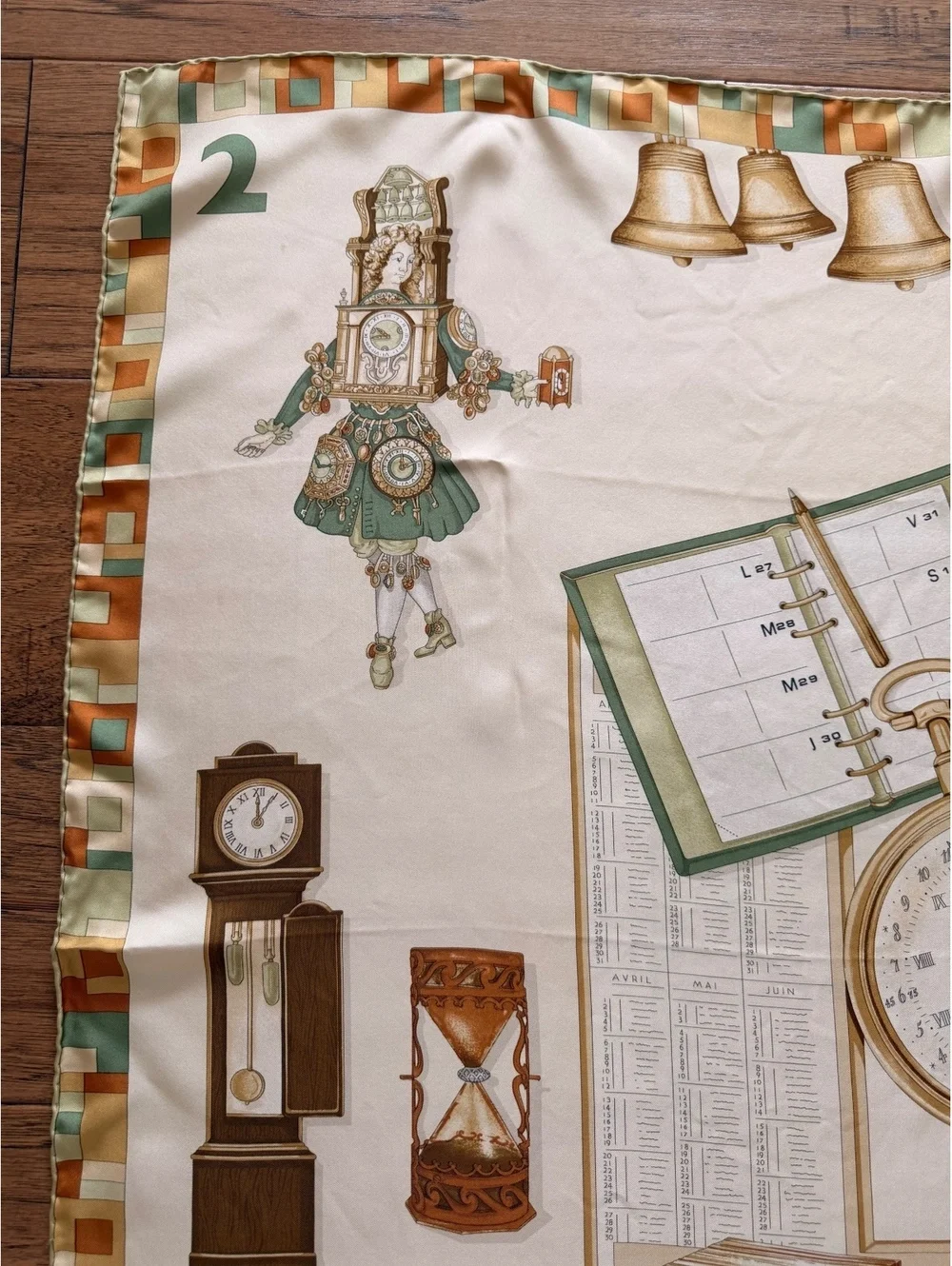 Longchamp Paris Vintage Silk Scarf with Time and Calendar Motif